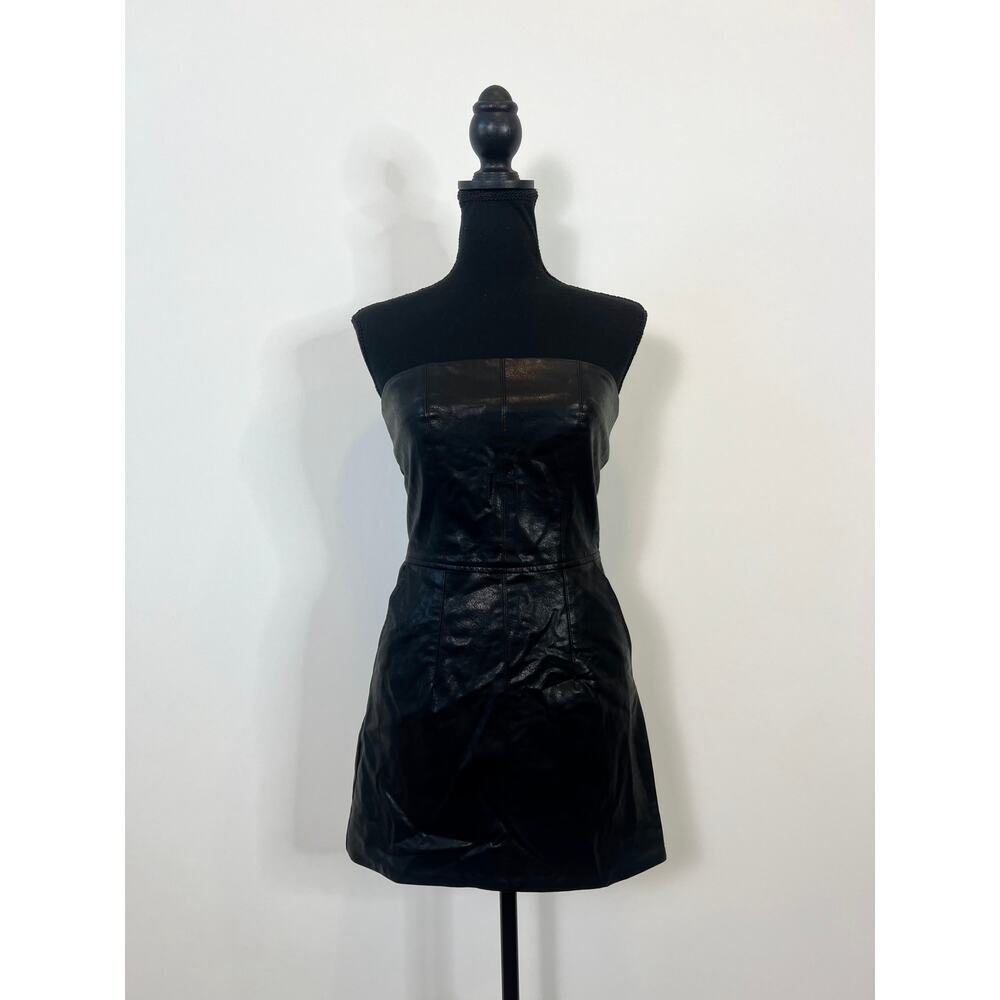 Nonchalant Dixie Mini Dress in Black Small Faux Leather Strapless Lined Party